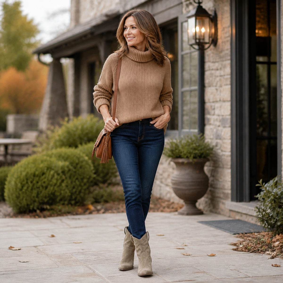 Mature woman wearing taupe Western ankle boots outside a countryside inn — view 9