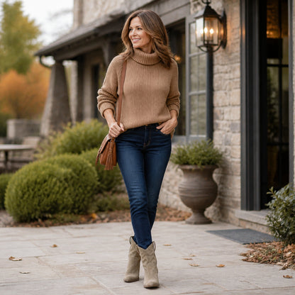 Mature woman wearing taupe Western ankle boots outside a countryside inn — view 9