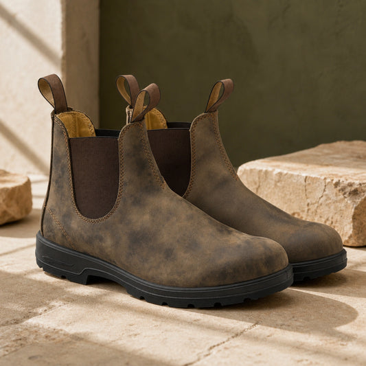 ankle boots — Distressed brown pull on Chelsea boots complete pair front view — view 2