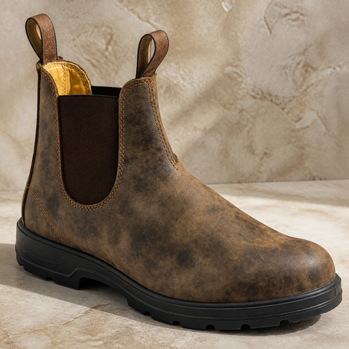 ankle boots — Distressed brown Chelsea boot elastic panel and material detail — view 7