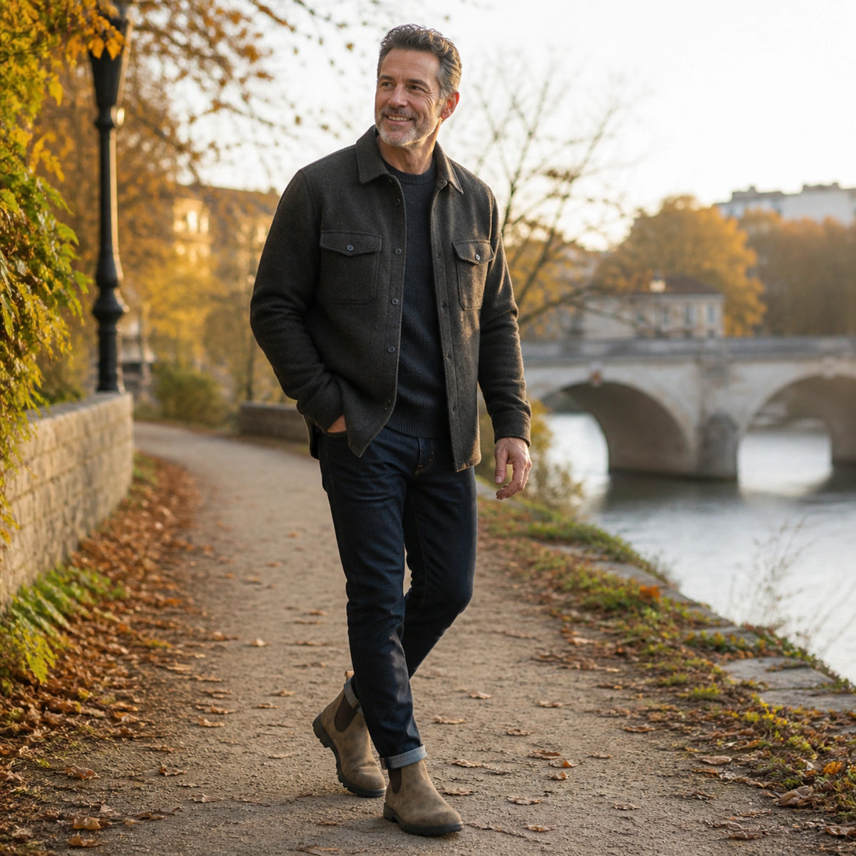 ankle boots — Mature man wearing distressed brown Chelsea boots on an autumn riverside path — view 8