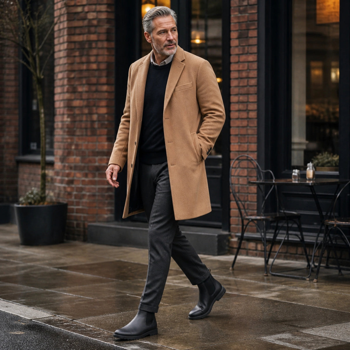 ankle boots — Mature man wearing black Chelsea boots outside an upscale café — view 9