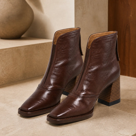 Dark brown square toe leather high block heel ankle boots complete pair front view — view 2