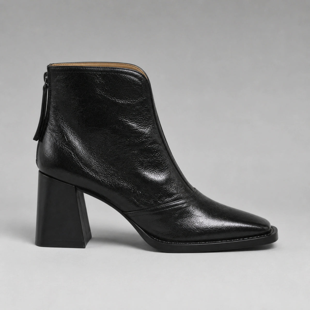 ankle boots — Black square toe leather high block heel ankle boot true side profile — view 3