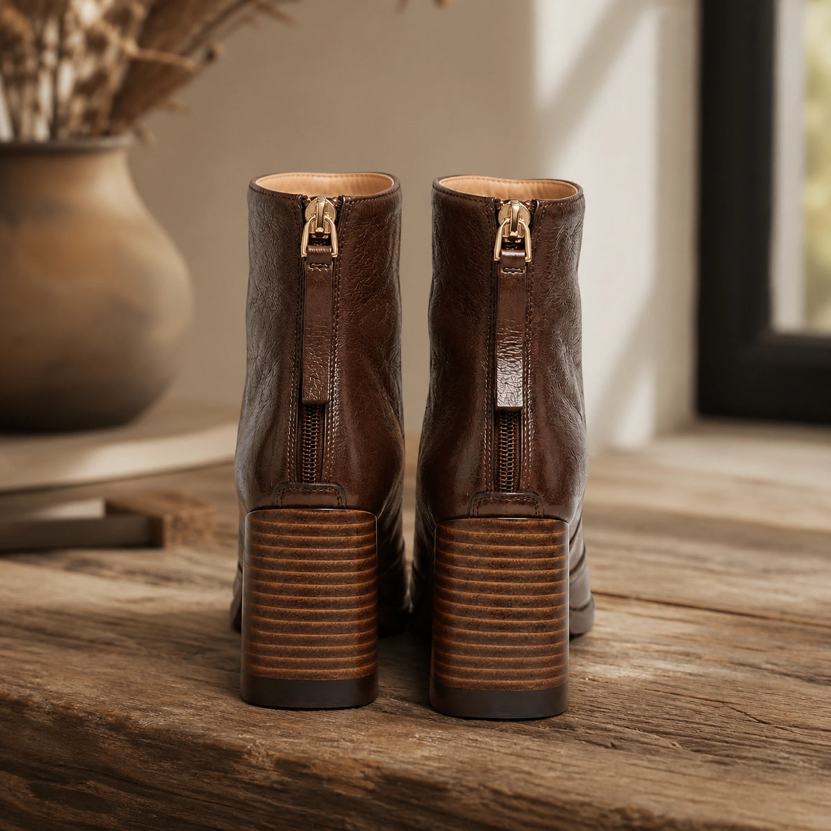 Dark brown leather ankle boots direct rear zipper and layered heel view — view 4