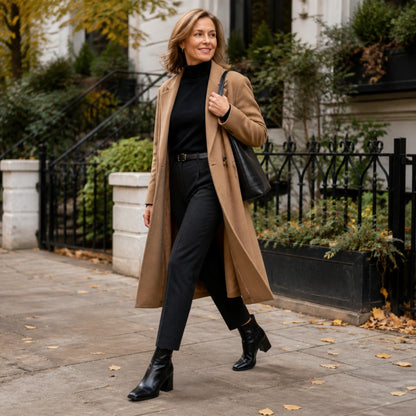 Mature woman wearing black square toe heeled ankle boots on an autumn street — view 6