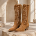 ankle boots — Tan embroidered suede Western boots complete pair front view