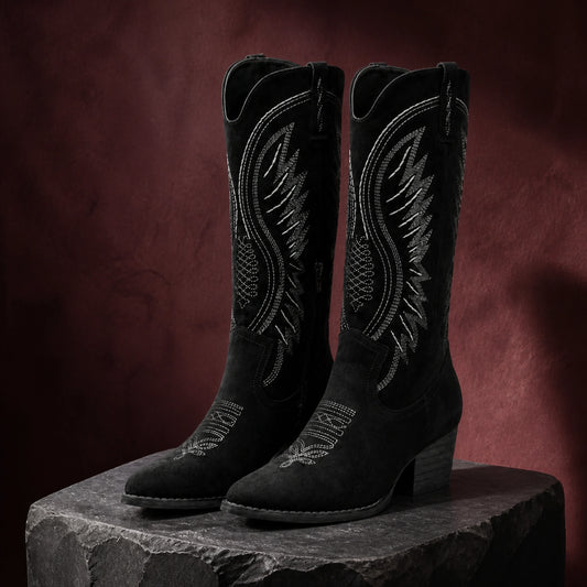 ankle boots — Black embroidered suede Western boots complete pair front view — view 2