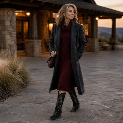 ankle boots — Mature woman wearing black Western boots outside a ranch style hotel — view 7