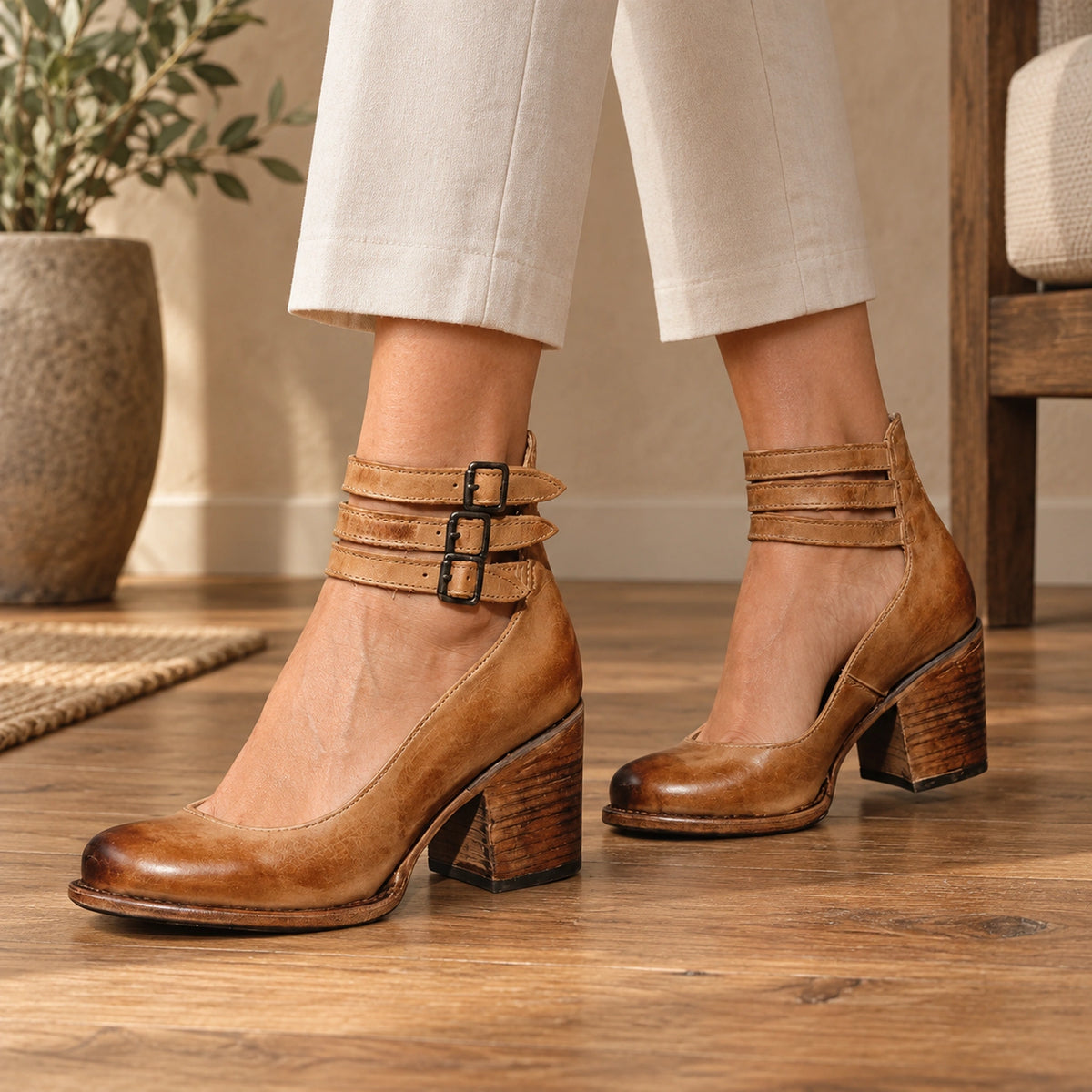 ankle boots — Mia buckle light brown front — complete product, exact reference photograph