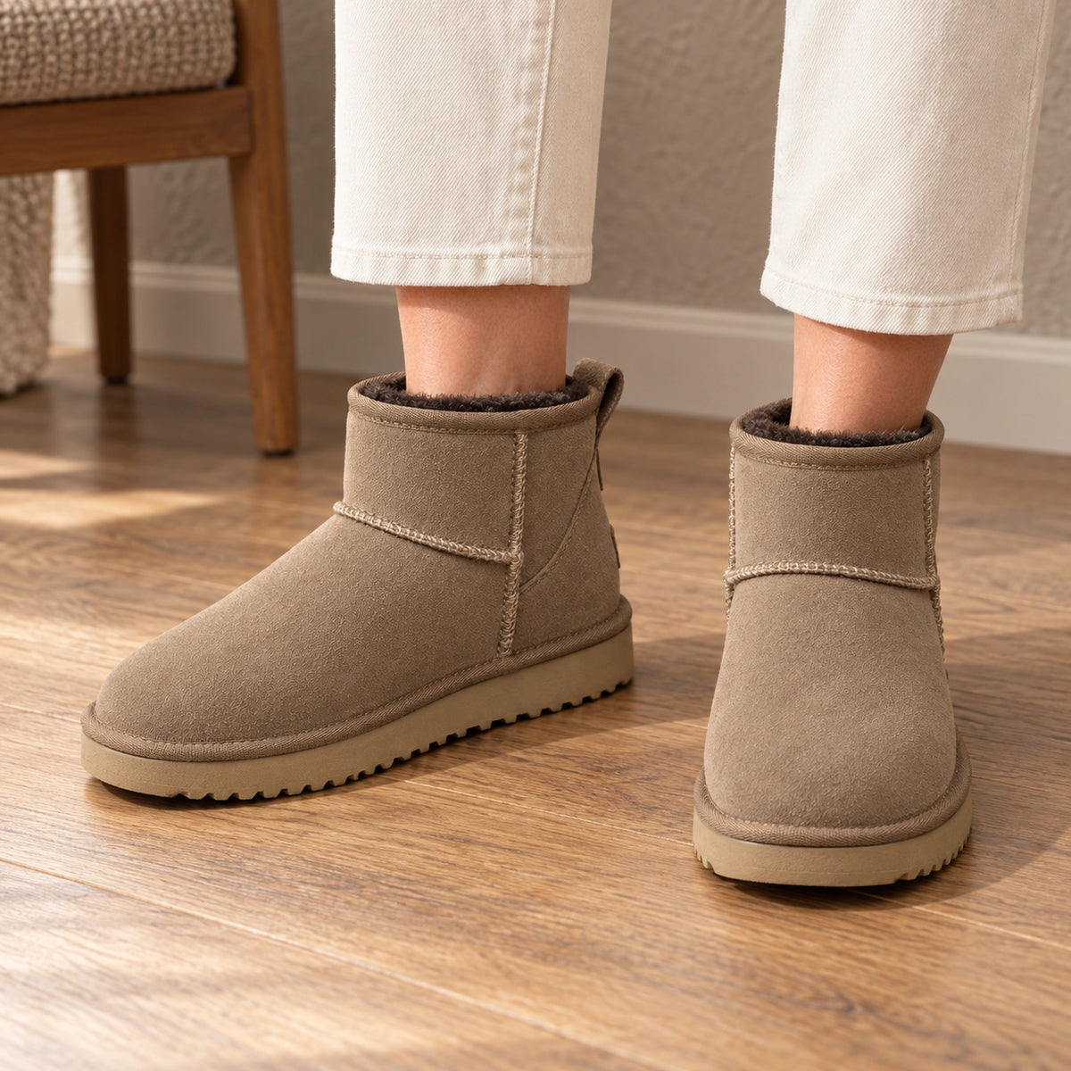 ankle boots — Mia fleece taupe front — complete product, exact reference photograph — view 2