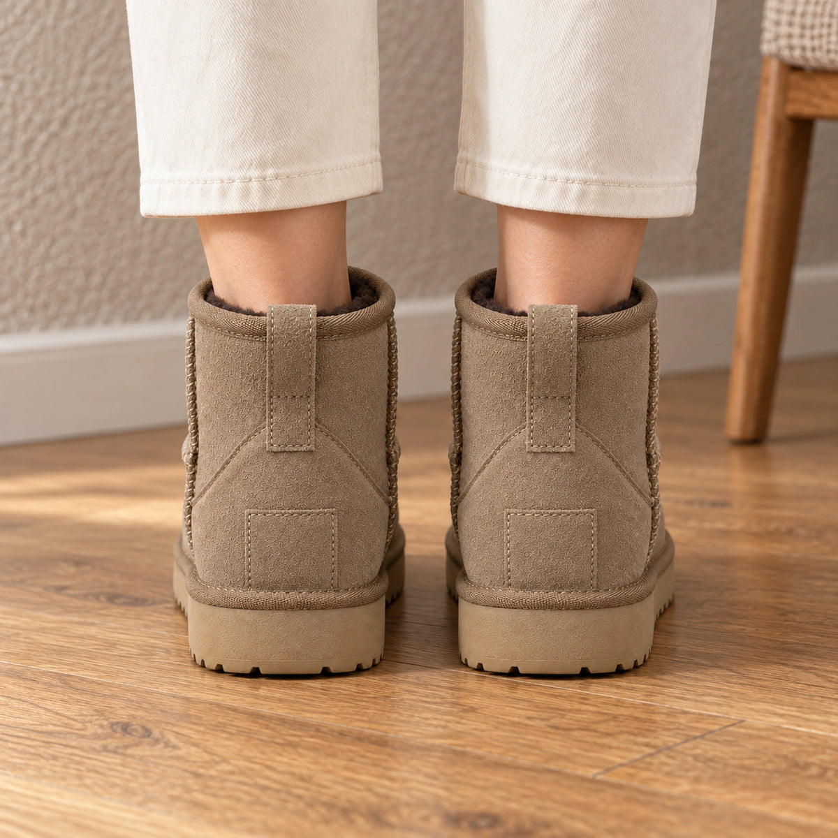 ankle boots — Mia fleece taupe back — complete product, exact reference photograph — view 7