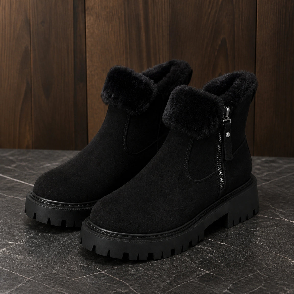 Black faux fur suede lug sole ankle boots complete pair front view — view 2
