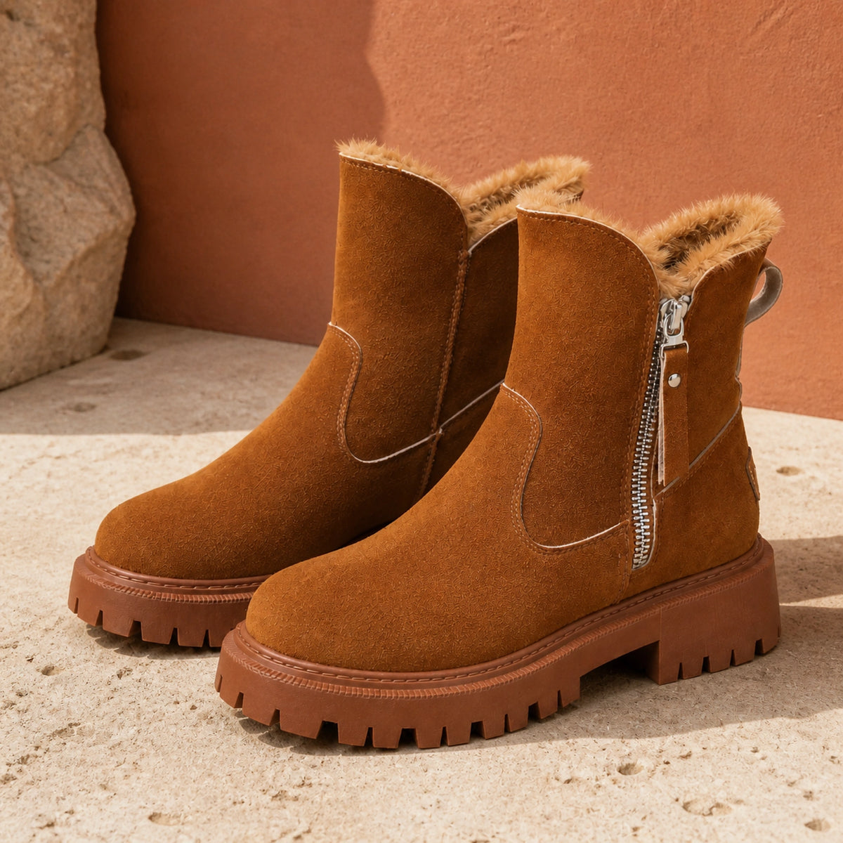 Chestnut faux fur suede lug sole ankle boots complete pair front view — view 3