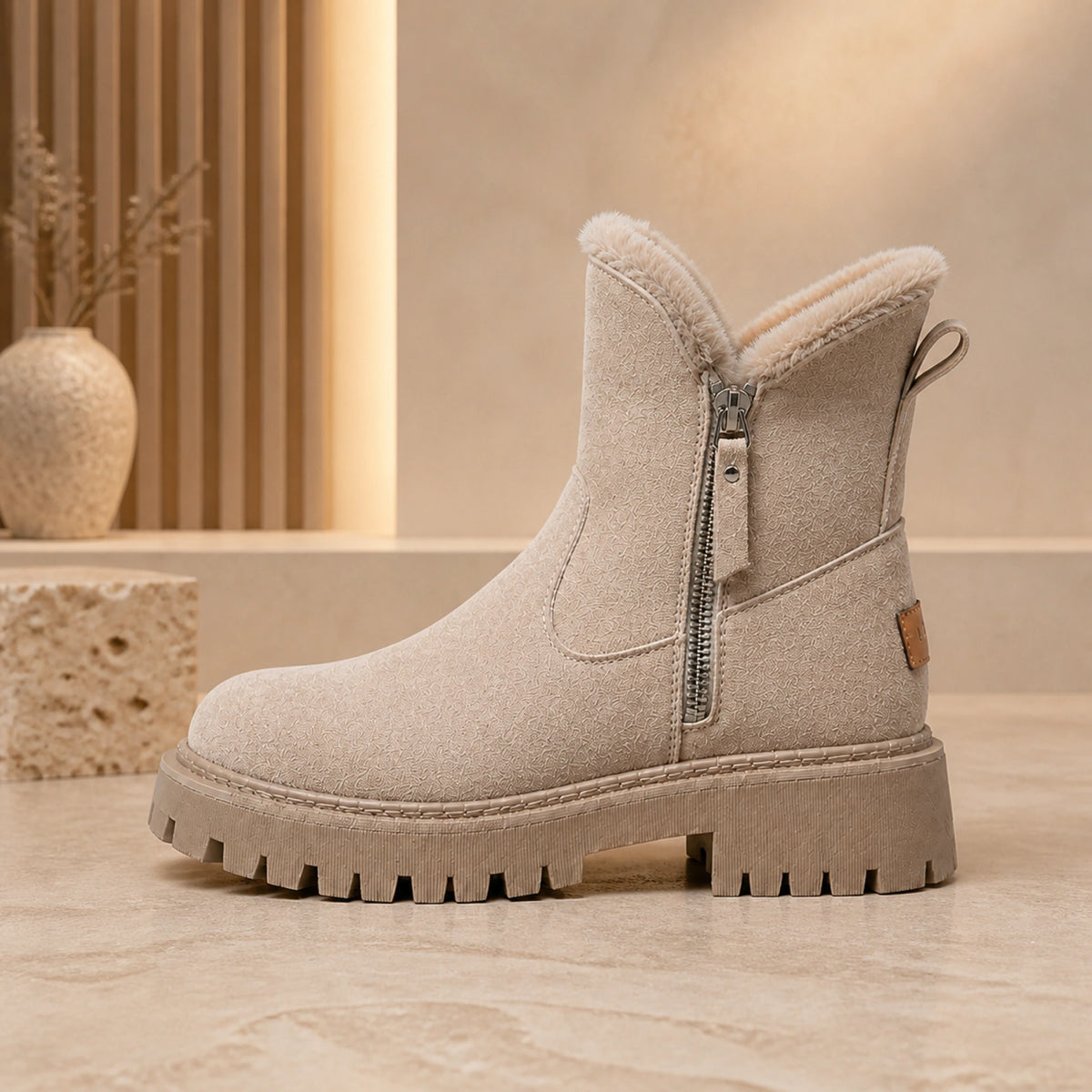 ankle boots — Beige faux fur suede ankle boot true outer side zipper profile — view 4