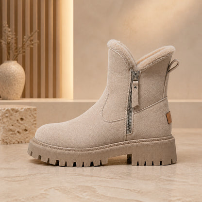 ankle boots — Beige faux fur suede ankle boot true outer side zipper profile — view 4
