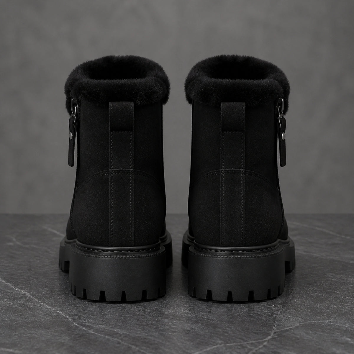 Black faux fur suede ankle boots direct rear pull loop view — view 5
