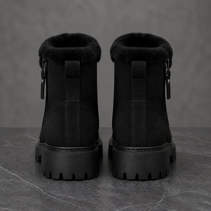 Black faux fur suede ankle boots direct rear pull loop view — view 5
