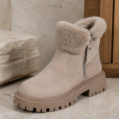 ankle boots — Beige suede look ankle boot faux fur collar zipper and lug sole detail — view 6