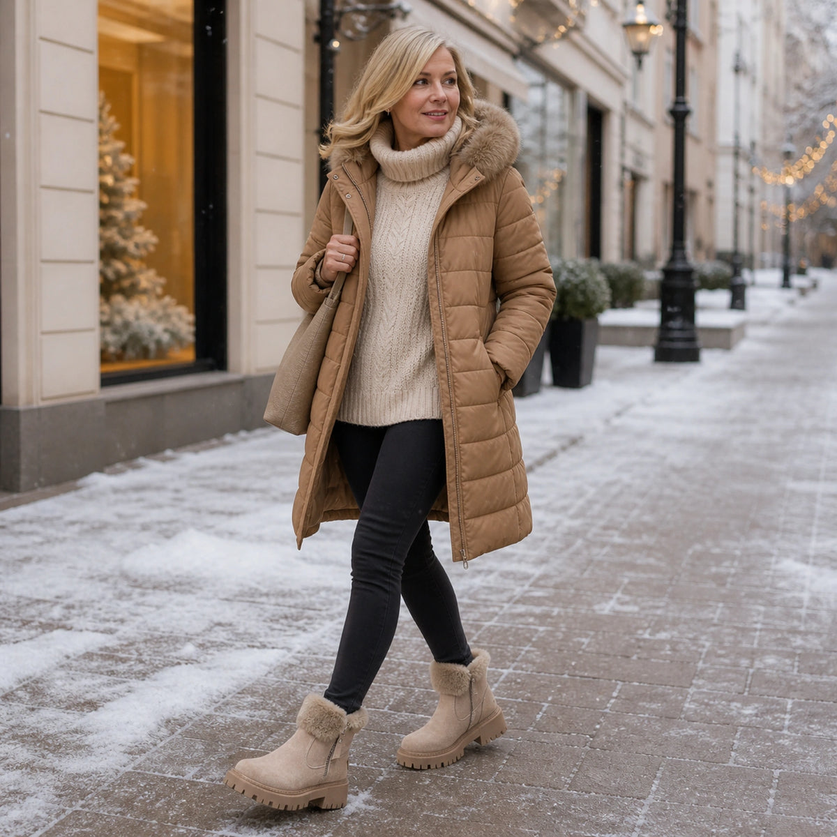 Mature woman wearing beige faux fur ankle boots on a snowy city street — view 7