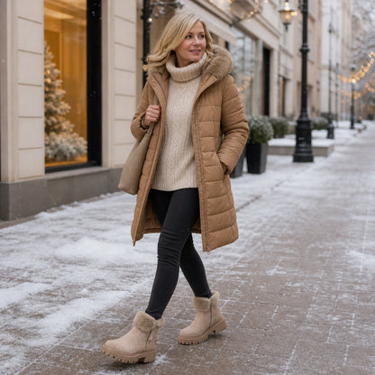 Mature woman wearing beige faux fur ankle boots on a snowy city street — view 7