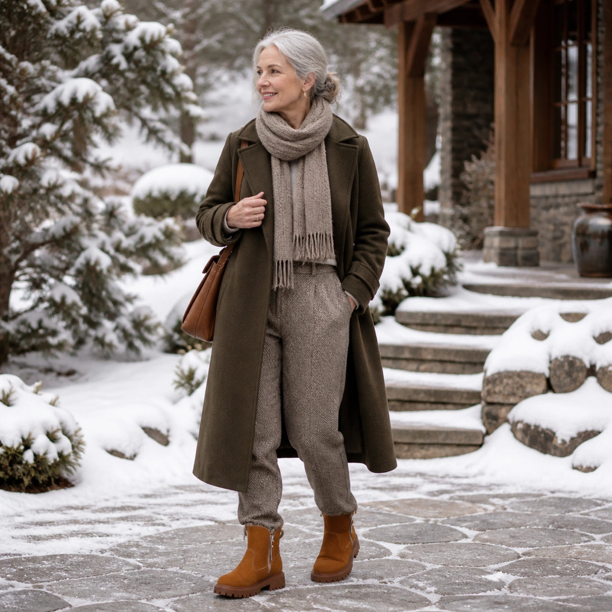Mature woman wearing chestnut faux fur ankle boots outside a winter lodge — view 8
