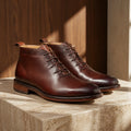 Brown full grain plain toe ankle boots complete pair front view