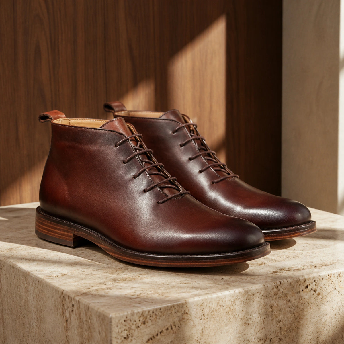 Brown full grain plain toe ankle boots complete pair front view
