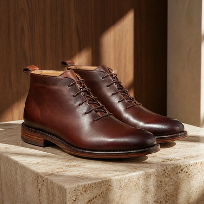 Brown full grain plain toe ankle boots complete pair front view