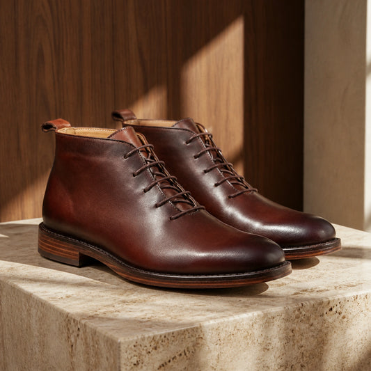 Brown full grain plain toe ankle boots complete pair front view