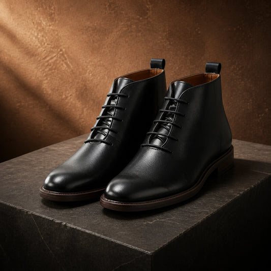 Black full grain plain toe ankle boots complete pair front view — view 2