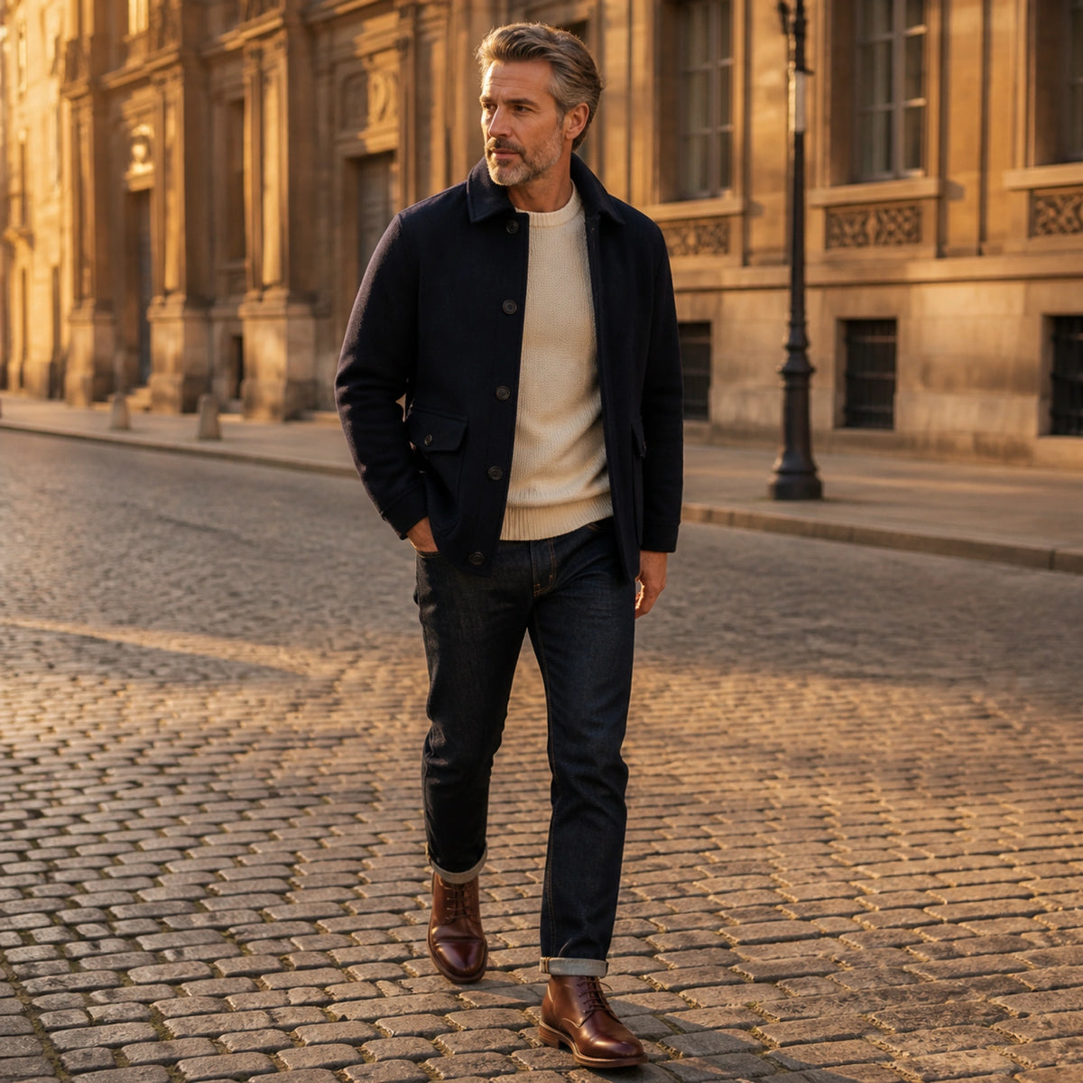 Mature man wearing brown full grain ankle boots in a historic city — view 6