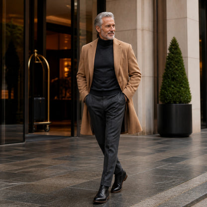 Mature man wearing black full grain ankle boots outside a hotel — view 7