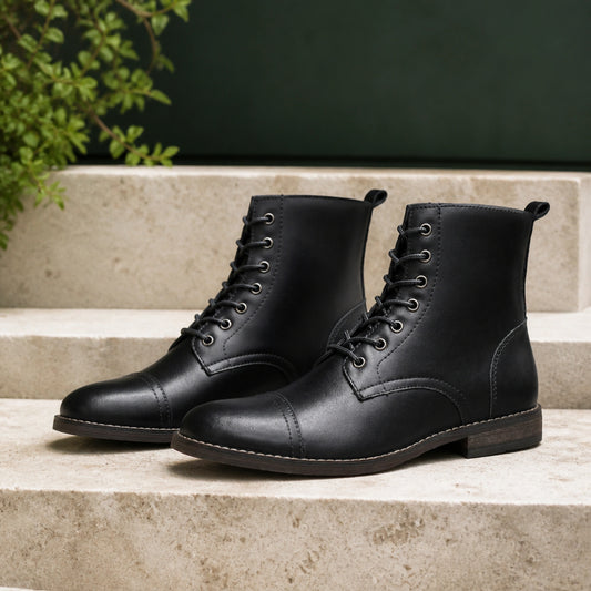 ankle boots — Black heritage cap toe lace up boots complete pair front view