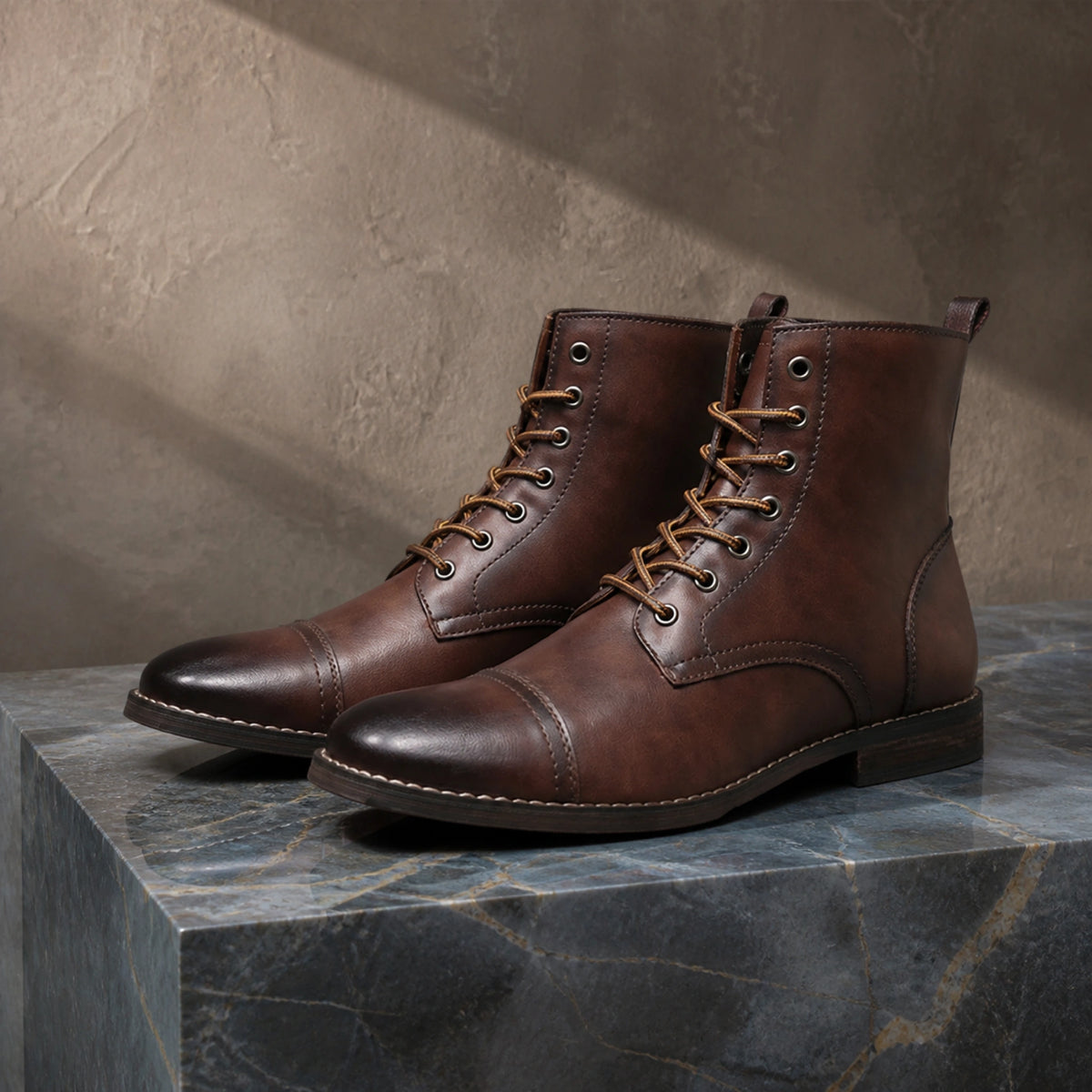 ankle boots — Dark brown heritage cap toe lace up boots complete pair front view — view 2