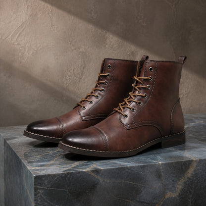 ankle boots — Dark brown heritage cap toe lace up boots complete pair front view — view 2
