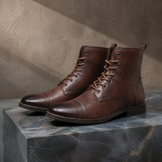 ankle boots — Dark brown heritage cap toe lace up boots complete pair front view — view 2