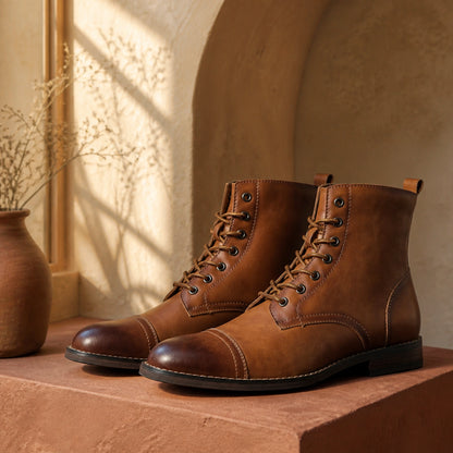 ankle boots — Cognac brown heritage cap toe lace up boots complete pair front view — view 3