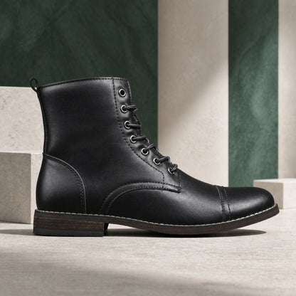 ankle boots — Black cap toe lace up boot true side profile — view 4