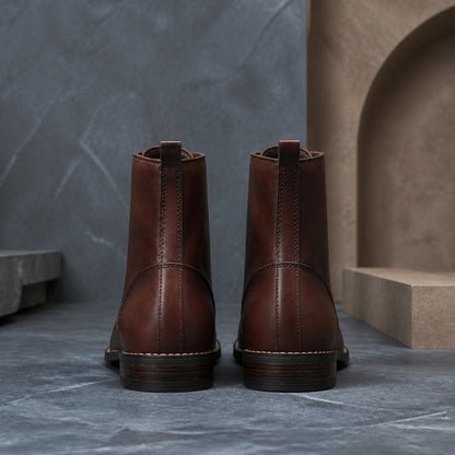 Dark brown lace up ankle boots direct rear view — view 5