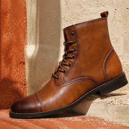 ankle boots — Cognac brown boot cap toe and lace construction detail — view 6