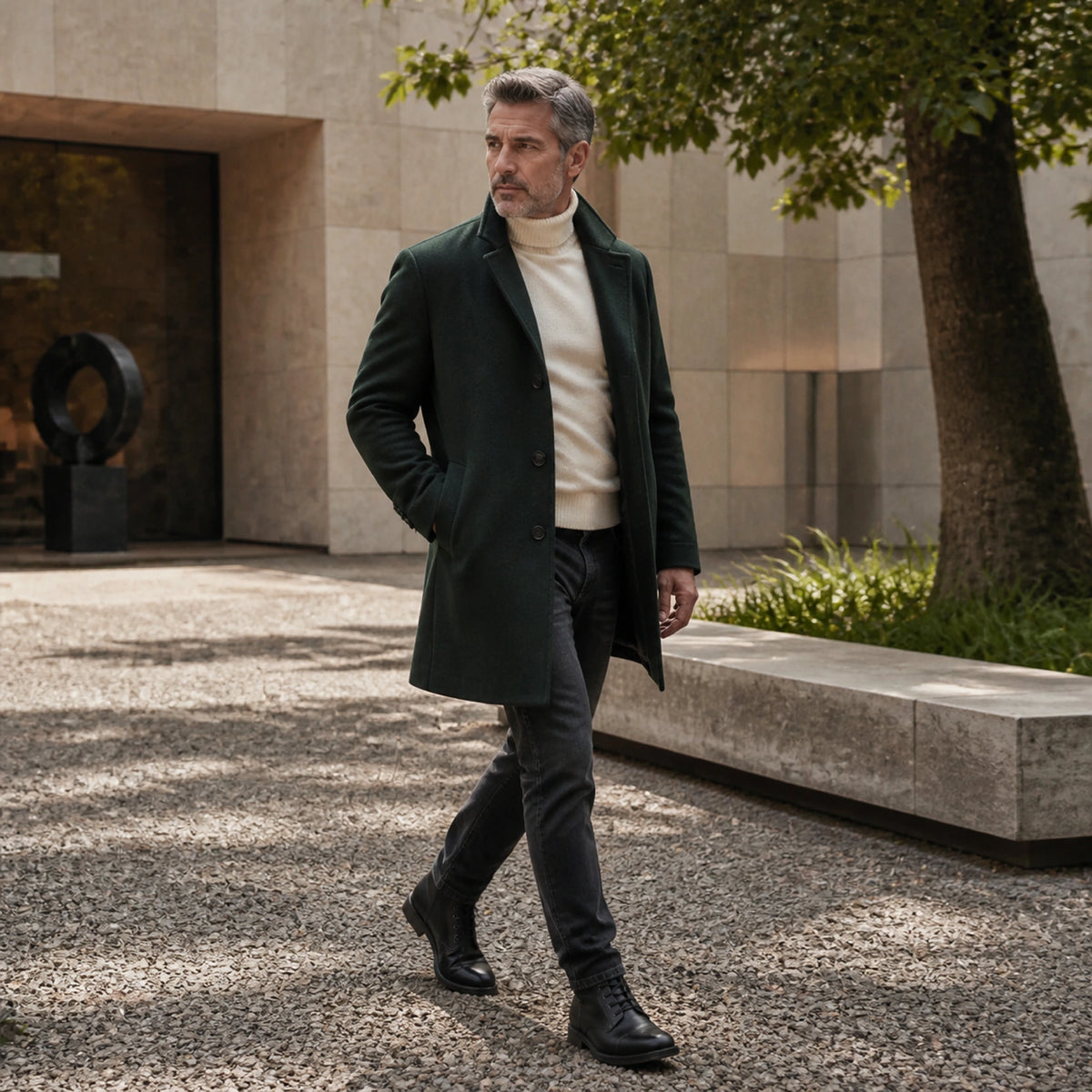 ankle boots — Mature man wearing black cap toe boots in a museum courtyard — view 7