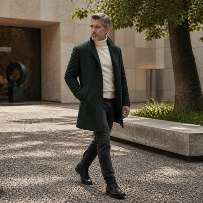 ankle boots — Mature man wearing black cap toe boots in a museum courtyard — view 7