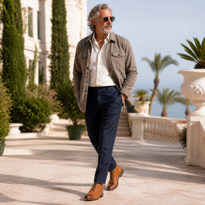 ankle boots — Mature man wearing cognac cap toe boots on a Mediterranean terrace — view 8