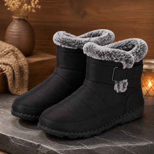 Black padded faux fur winter ankle boots complete pair front view