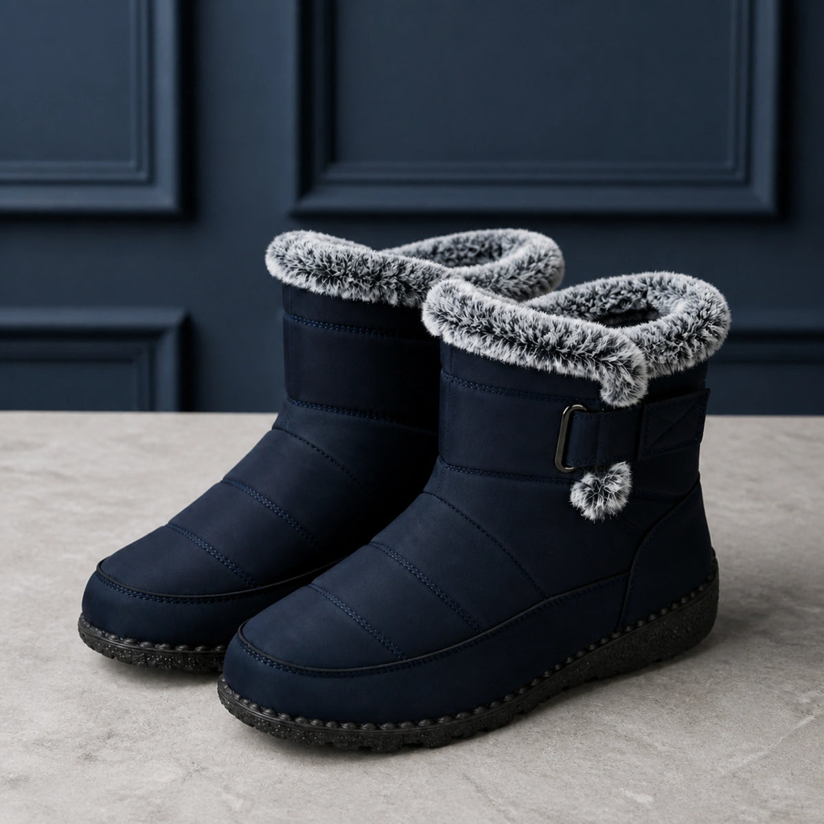 Navy padded faux fur winter ankle boots complete pair front view — view 2