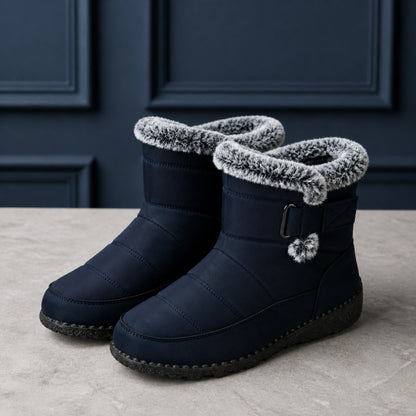 Navy padded faux fur winter ankle boots complete pair front view — view 2