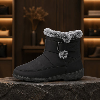 ankle boots — Black padded faux fur winter ankle boot true side profile — view 3