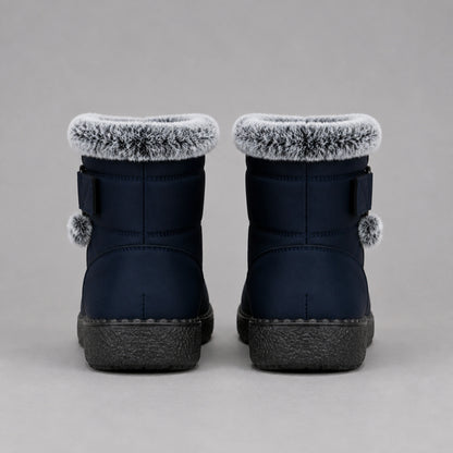 Navy padded faux fur winter ankle boots direct rear view — view 4
