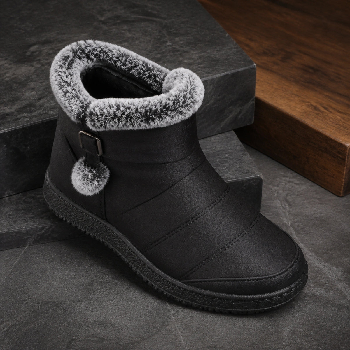 ankle boots — Black winter ankle boot faux fur collar, strap and padded construction detail — view 5